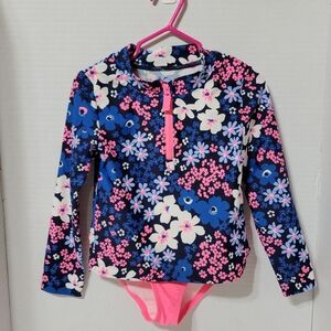 Cat & Jack Girls Floral Rash Guard Swimsuit Set Navy Pink UPF 50+ Size 2T